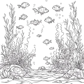 Underwater monochrome drawing with fish and seaweed