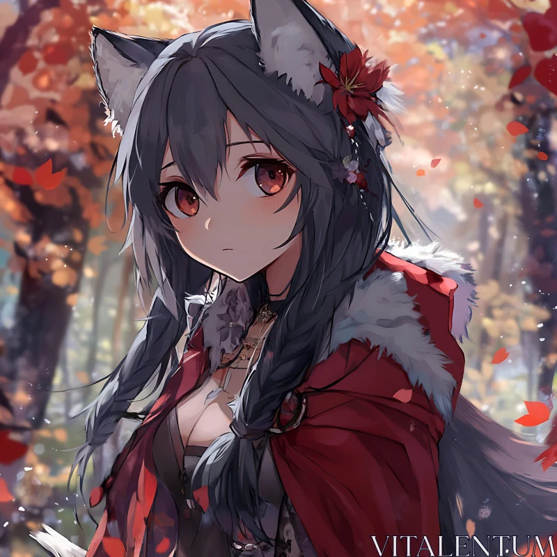 Autumn Forest Anime Character with Wolf Ears AI Image