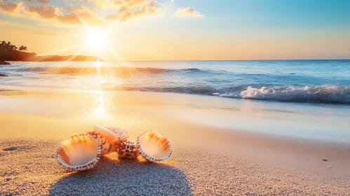 Seashells on Beach at Sunrise