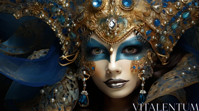 Blue & Gold Adorned Woman: A Blend of Reality and Fantasy AI Image