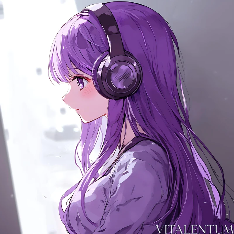 AI ART Purple-Haired Anime Girl Listening to Music