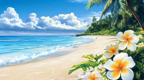 Tropical Beach Scene with White Flowers