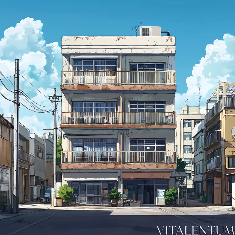 Animated Urban Building with Blue Sky and Clouds AI Image