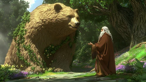 Forest Encounter: Giant Bear and Wizard