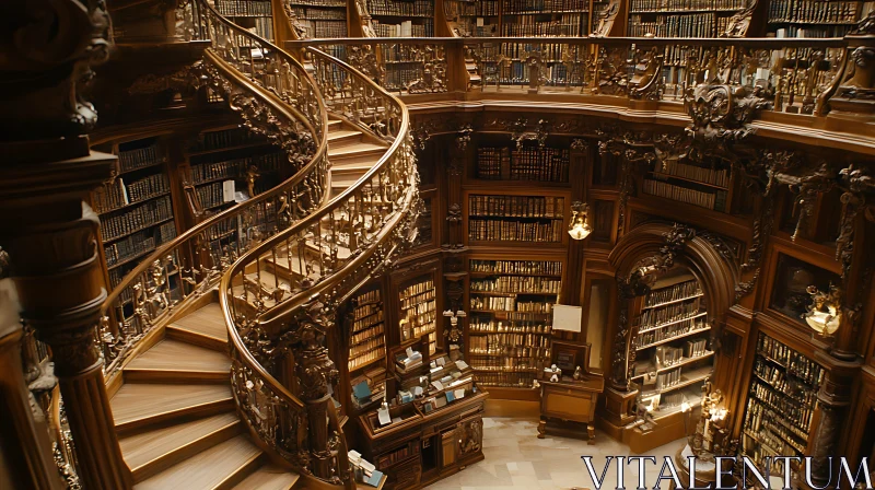 Ornate Library Interior with Wooden Staircase AI Image