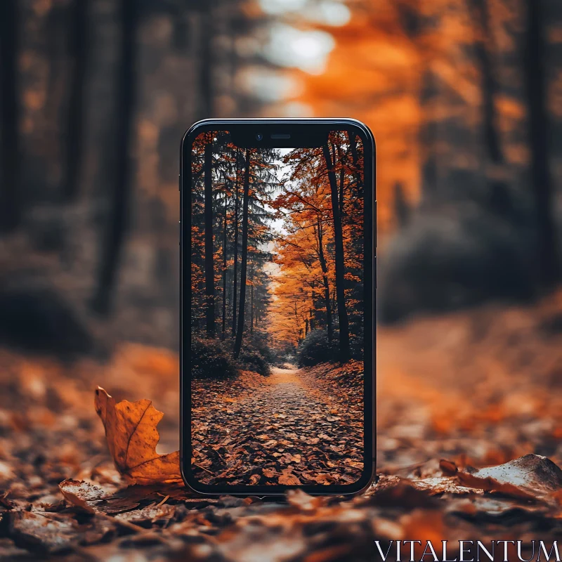 Forest Path Seen Through Smartphone in Autumn AI Image