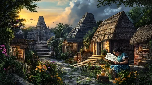 Woman Reading in Ancient Village