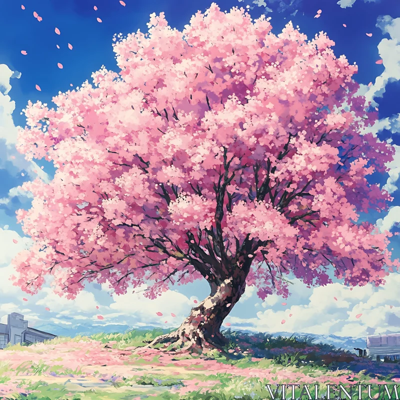 Blooming Cherry Blossom against Blue Sky AI Image