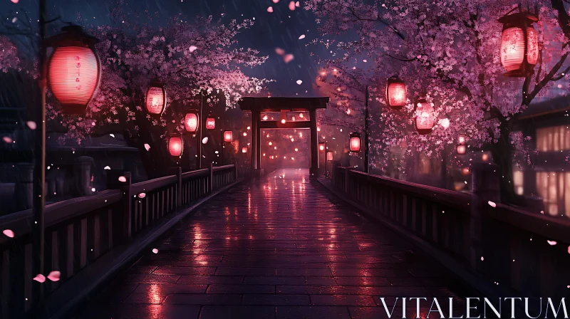 AI ART Tranquil Night with Lantern-Adorned Bridge