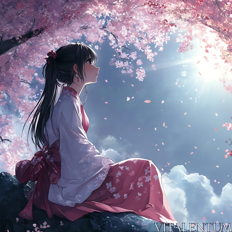 Anime Girl in Kimono with Cherry Blossoms AI Image