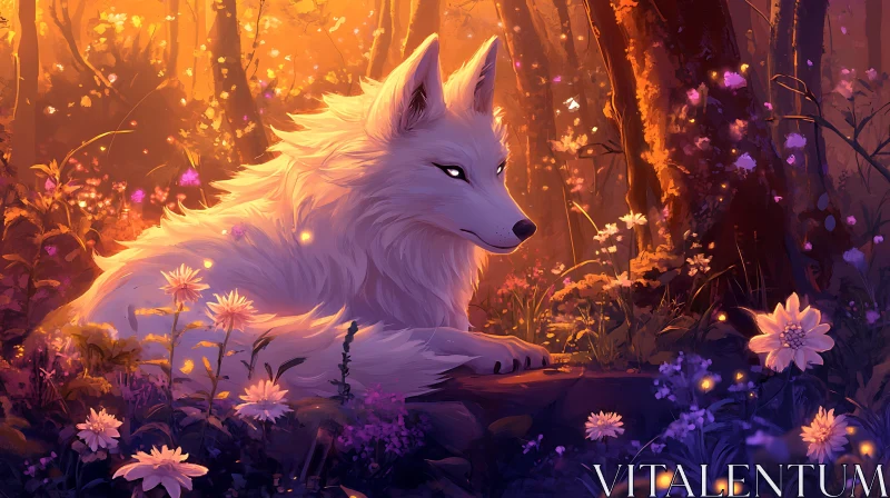 White Wolf in Floral Glade AI Image