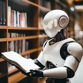 AI Robot Studying Book in Library
