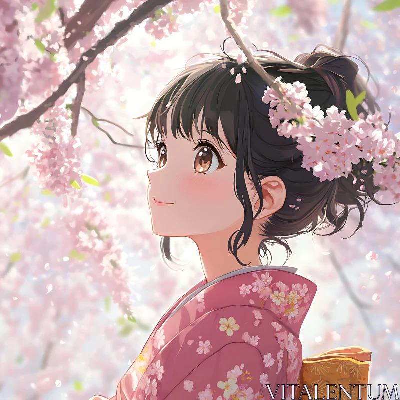 Anime Portrait of Girl with Cherry Blossoms AI Image