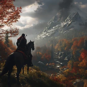 Rider in the Autumn Mountain Scenery