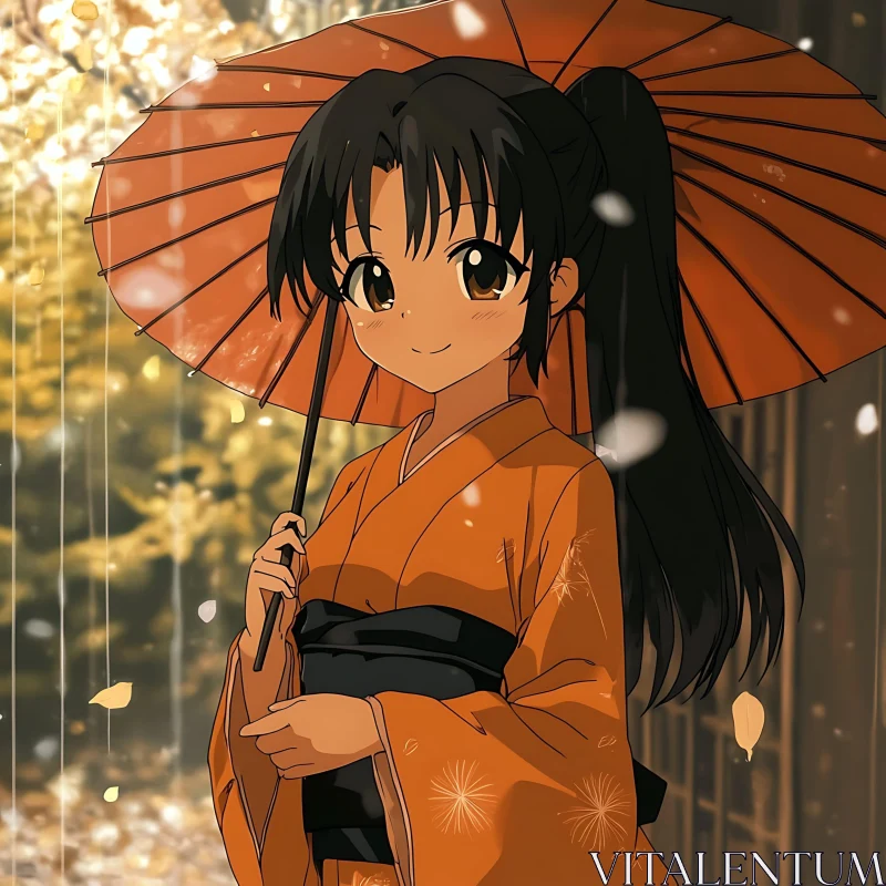 Anime Girl Holding Umbrella in Orange Kimono AI Image