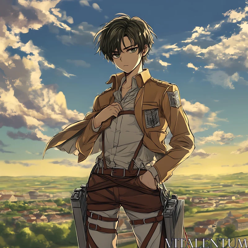 Anime Hero in Uniform with Stunning Sunset AI Image