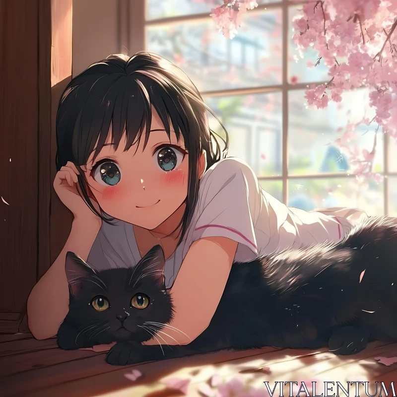 Anime Girl and Cat by the Window AI Image