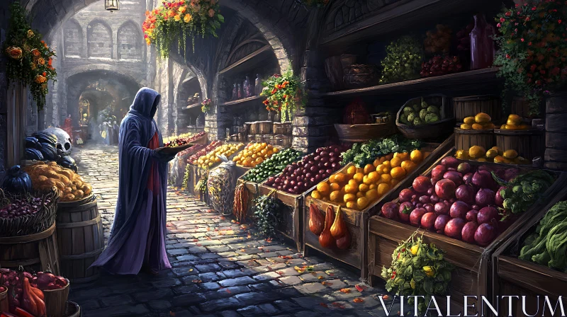 Hooded Figure at the Fruit Market AI Image