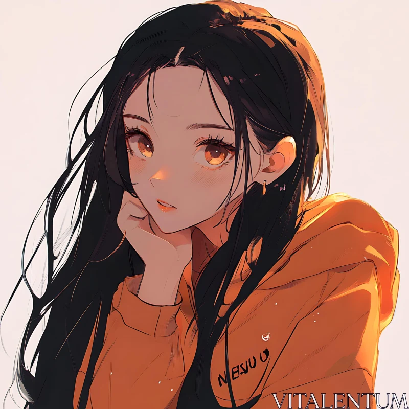 Expressive Anime Girl in Orange Hoodie AI Image