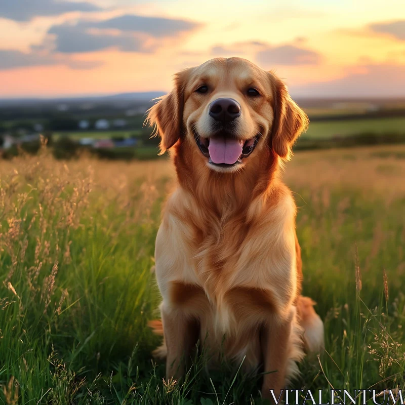 Golden Retriever During Sunset in a Field AI Image