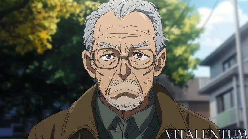 Elderly Anime Man in Brown Jacket and Glasses AI Image