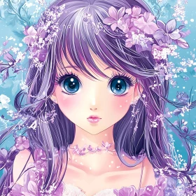 Anime Girl with Flowing Purple Hair and Flowers