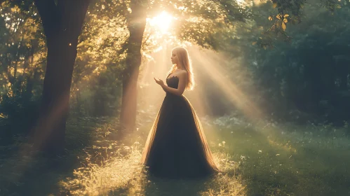 Woman in Dress Forest Sunlight