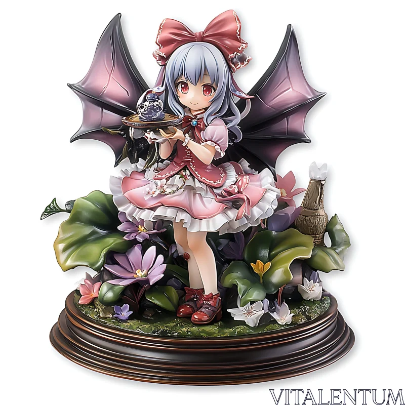 Winged Anime Figure with Pink Dress and Flowers AI Image