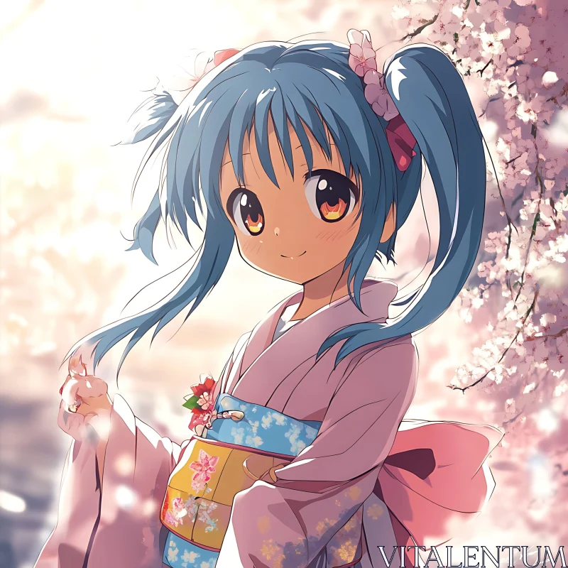 Anime Girl with Blue Hair in Spring AI Image