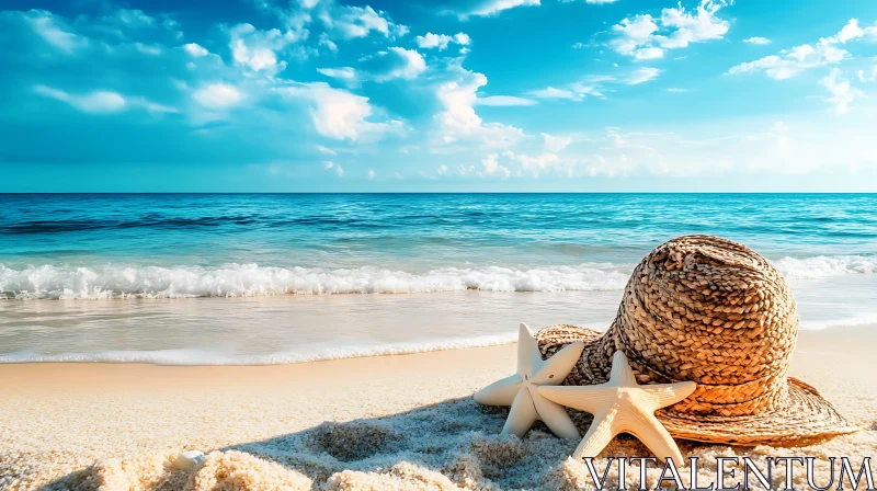 Seaside Relaxation: Hat and Starfish on Sand AI Image