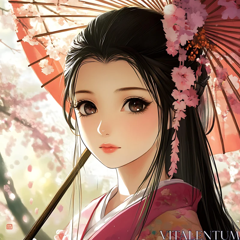 Cherry Blossoms and Parasol - Anime Art AI Image