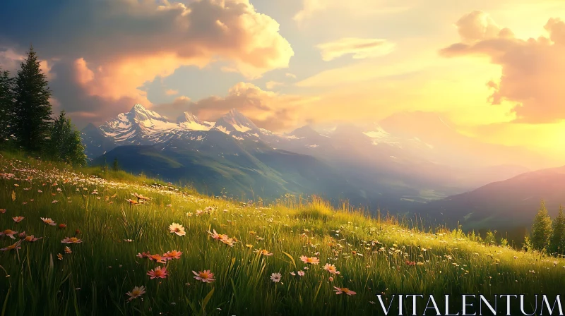 Golden Hour in the Alpine Meadow AI Image