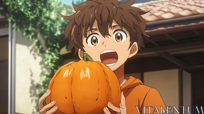 Happy Anime Character with a Pumpkin AI Image