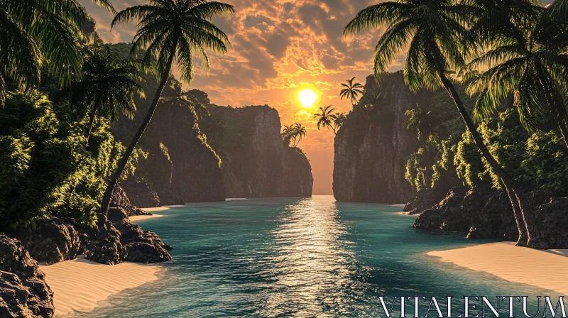 AI ART Tranquil Island Sunset with Turquoise Waters and Palm-Lined Shores