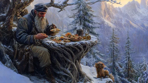 Snowy Meal with a Cat