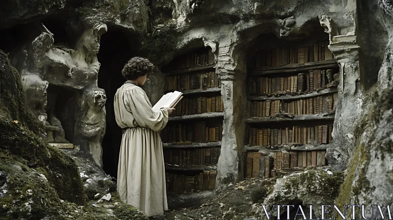 AI ART Woman Reading in Ancient Stone Library