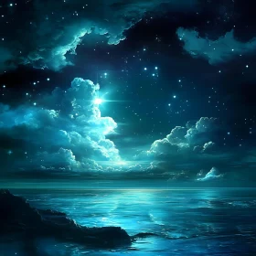 Night Seascape with Starry Sky and Clouds