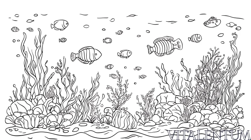 Monochrome Fish and Seaweed Illustration AI Image