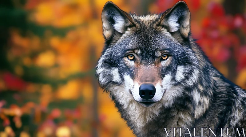 Wolf Stare in Autumn Forest AI Image