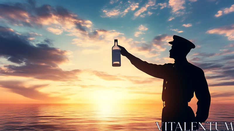 AI ART Sunset Silhouette Holding Bottle