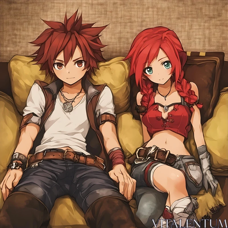 Anime Couple Relaxing Indoors AI Image