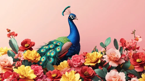 Colorful Peacock with Flowers