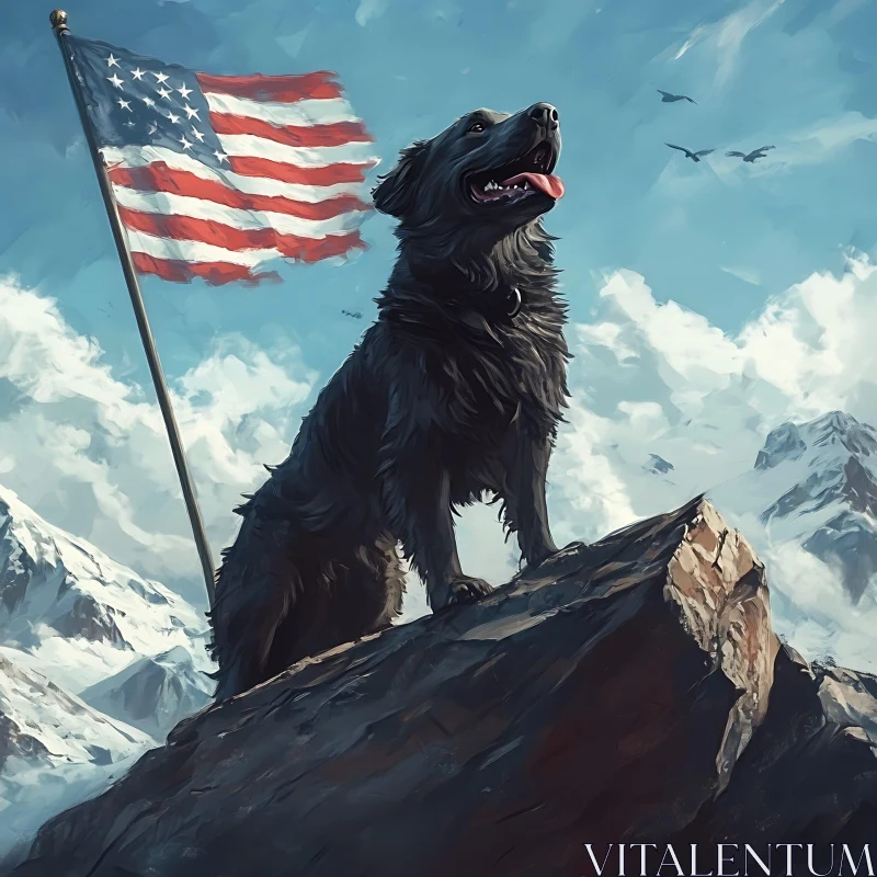 Black Dog Standing Tall with American Flag AI Image