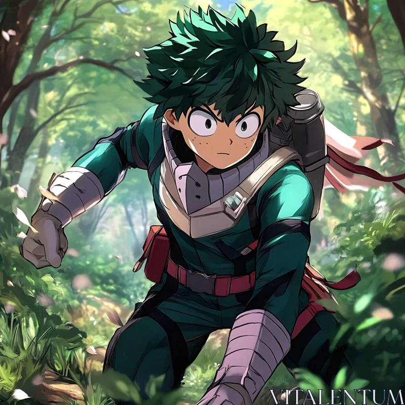 Young Anime Hero in a Green Suit in the Forest AI Image