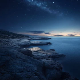 Starlit Night Over Calm Sea and Rocks