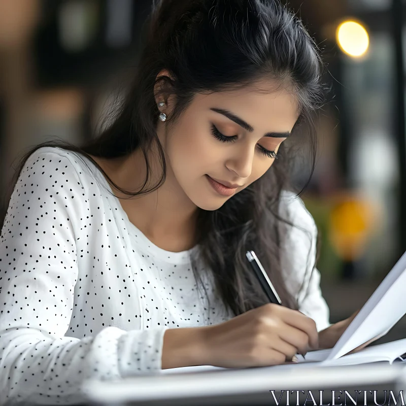 Woman Engaged in Writing Task AI Image