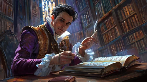 Scholar Composing Manuscript in Library