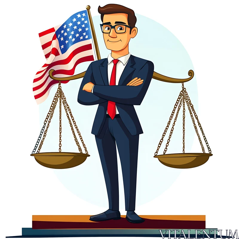 Cartoon Lawyer with Scales and Flag AI Image