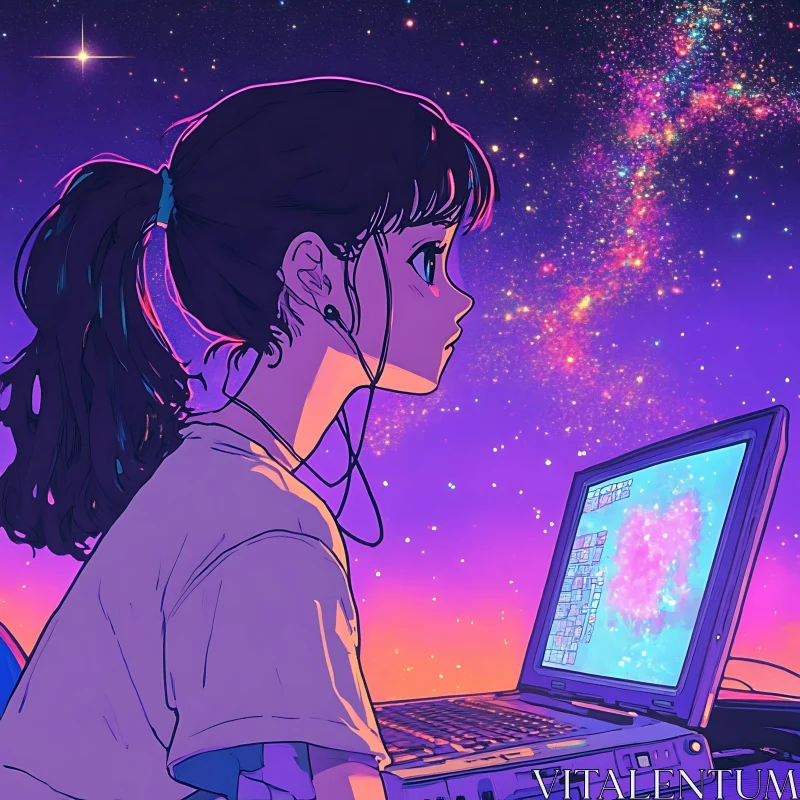 Girl with Ponytail Using Laptop in Starry Night AI Image