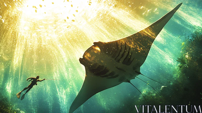 Underwater Scene with Diver and Manta Ray AI Image